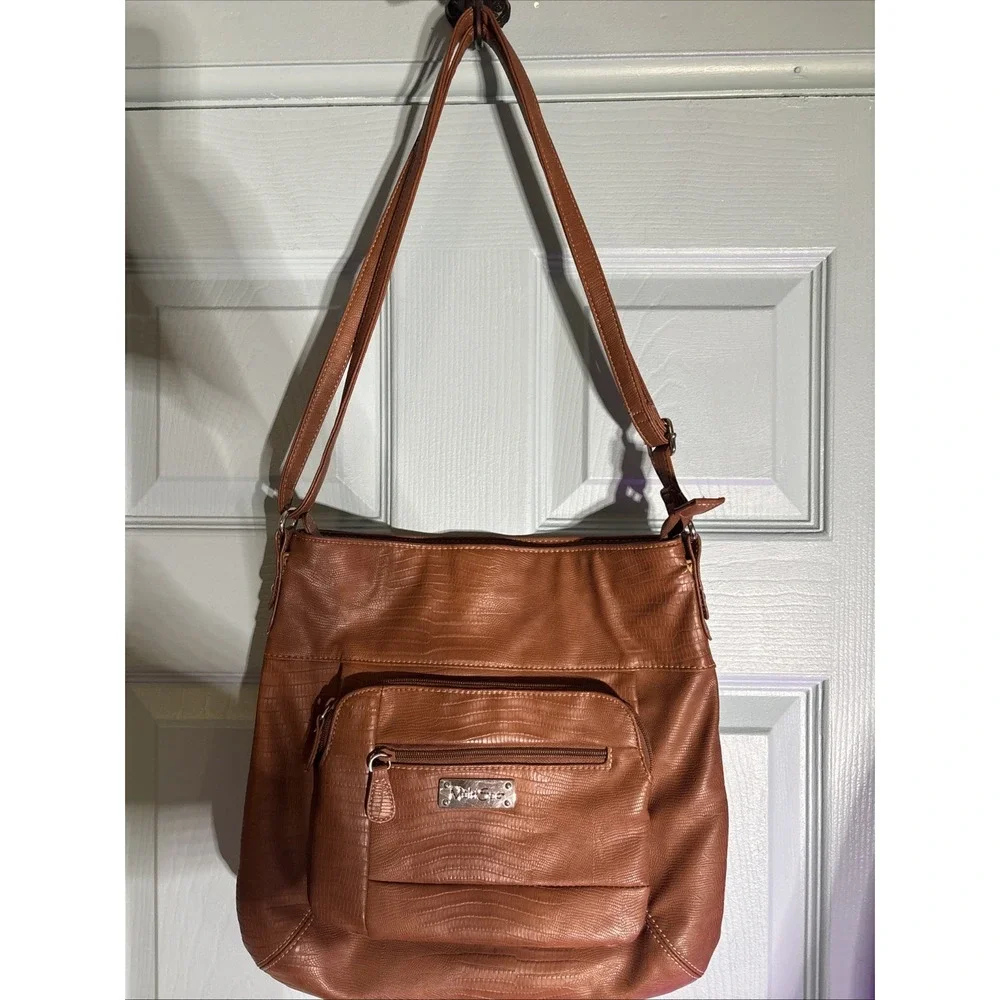 MultiSac Bag Crossbody‎ Camel Faux Leather Logo Multi-Pocket Compartments Purse